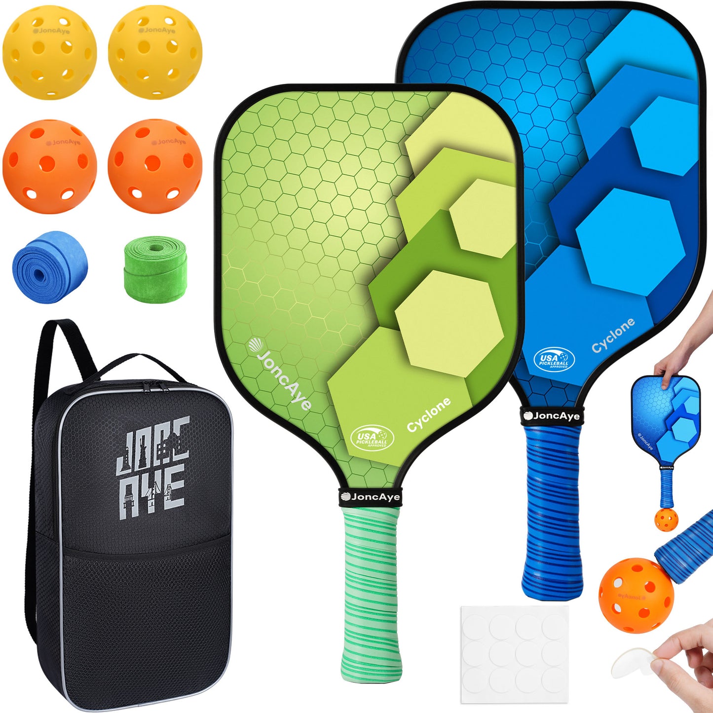 Pickleball Paddles Set Cyclone 2 Pack, Green & Blue